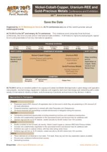 Nickel-Cobalt-Copper, Uranium-REE and Gold-Precious Metals Conference and Exhibition 20th Anniversary E vent Save the Date Organised by ALTA Metallurgical Services, ALTA conferences are one of the world’s premier annua