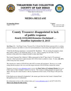 TREASURER-TAX COLLECTOR COUNTY OF SAN DIEGO COUNTY ADMINISTRATION CENTER  1600 PACIFIC HIGHWAY, ROOM 112 SAN DIEGO, CALIFORNIA  (  FAXWebsite: http://www.sdtreastax.com DA