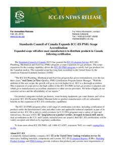 For Immediate Release Feb. 24, 2014 www.icc-es.org For more information, contact: Melanie Edwards