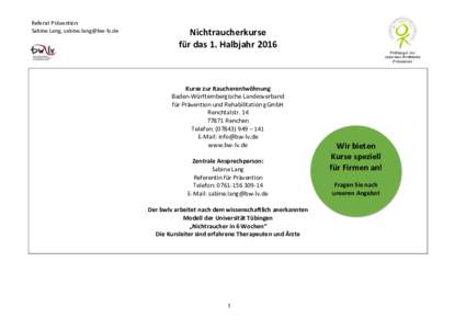 Referat Prävention Sabine Lang,  Nichtraucherkurse für das 1. Halbjahr 2016