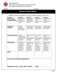 cbc.ca/archives CBC Radio and Television Archives Web Site Educational Activites Download Sheet Name:  Activity: