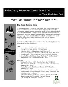 Ritchie County Tourism and Visitors Bureau, Inc. with North Bend State Park  Group Tour Itineraries for Ritchie County, W.Va.