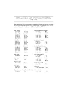 ALPHABETICAL LIST OF CORRESPONDENCE,  1895–1920 In this alphabetical list of correspondence, the numbers following each date are the volume