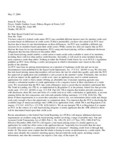 May 17, 2004 Jenna B. Taub, Esq. Dwyer, Smith, Gardner, Lazer, Pohren, Rogers & Forest, LLP 8712 W. Dodge Rd., Suite 400 Omaha, NE[removed]Re: Risk-Based Credit Card Accounts.