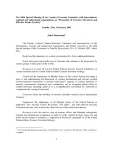 The Fifth Special Meeting of the Counter-Terrorism Committee with international, regional and subregional organizations on “Prevention of Terrorist Movement and Effective Border Security” Nairobi, 29 to 31 October 20