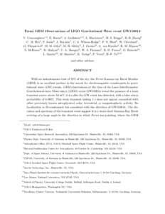 Fermi GBM Observations of LIGO Gravitational Wave event GW150914 V. Connaughton∗,1 , E. Burns2 , A. Goldstein+,3 , L. Blackburn4 , M. S. Briggs5 , B.-B. Zhang6 C. M. Hui3 , P. Jenke6 , J. Racusin7 , C. A. Wilson-Hodge3