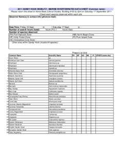 2011 SANDY HOOK BIOBLITZ - MARINE INVERTEBRATES DATA SHEET (Common name) Please return this sheet to Home Base (Littoral Society, Building #18) by 2pm on Saturday 17 September 2011 Check each species observed within each