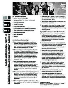 IAA Standard Categories: »» Positive Human Relationships »» Appropriate Indoor and Outdoor Environments »» Effective Programming »» Strong Partnerships »» Effective Administration