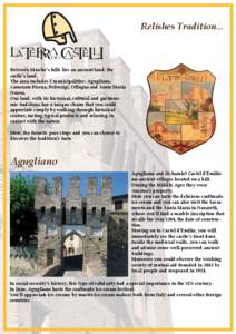 Relishes Tradition...  Between Marche’s hills lies an ancient land: the castle’s land. The area includes 5 municipalities: Agugliano, Camerata Picena, Polverigi, Offagna and Santa Maria