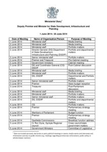 Ministerial Diary1 Deputy Premier and Minister for State Development, Infrastructure and Planning 1 June 2014– 30 June 2014 Date of Meeting 1 June 2014