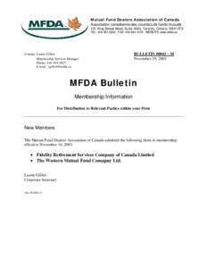 New Member Bulletin #0043-M - Fidelity Retirement Services Company of Canada Limited and The Western Mutual Fund Company Ltd.