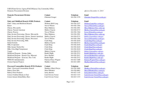 USDA/Farm Service Agency/DACO/Kansas City Commodity Office Domestic Procurement Division effective December 11, 2013  Domestic Procurement Division