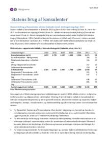 AprilStatens brug af konsulenter Statens forbrug af konsulenter udviser faldende trend –forbruget steg dog i 2015 Statens indkøb af konsulentydelser er faldet fra 2011 og frem til 2014 med omkring 0,8 mia. kr.,