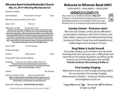 Whorton Bend United Methodist Church  Welcome to Whorton Bend UMC! May 25, 2014 • Morning Worship Service