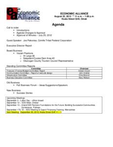 ECONOMIC ALLIANCE August 22, 2012 ** 11 a.m. – 1:00 p.m. Koala Street Grill, Omak Agenda Call to order