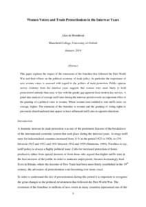 Women Voters and Trade Protectionism in the Interwar Years  Alan de Bromhead Mansfield College, University of Oxford January 2014