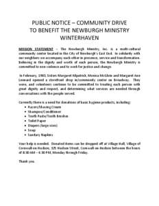 PUBLIC NOTICE – COMMUNITY DRIVE TO BENEFIT THE NEWBURGH MINISTRY WINTERHAVEN MISSION STATEMENT – The Newburgh Ministry, Inc. is a multi-cultural community center located in the City of Newburgh’s East End. In solid