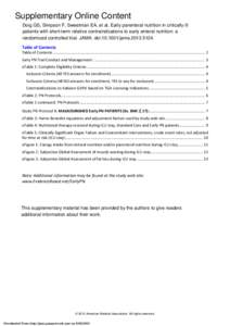 Supplementary Online Content Doig GS, Simpson F, Sweetman EA, et al. Early parenteral nutrition in critically ill patients with short-term relative contraindications to early enteral nutrition: a randomized controlled tr