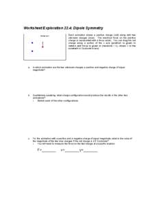 Worksheet Exploration 22.4: Dipole Symmetry Each animation shows a positive charge (red) along with two unknown charges (blue). The electrical force on the positive charge is represented with a force vector. You can drag