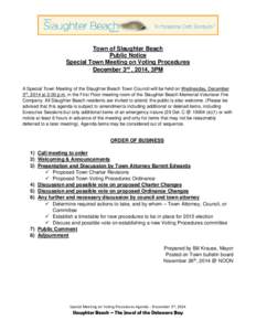 Town of Slaughter Beach Public Notice Special Town Meeting on Voting Procedures December 3rd , 2014, 3PM A Special Town Meeting of the Slaughter Beach Town Council will be held on Wednesday, December 3rd, 2014 at 3:00 p.