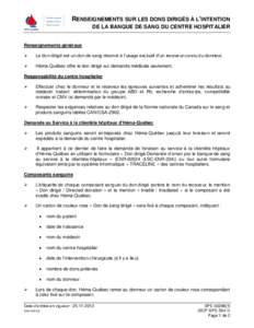 RENSEIGNEMENTS SUR LES DONS DIRIGÉS À L’INTENTION DE LA BANQUE DE SANG DU CENTRE HOSPITALIER Renseignements généraux 