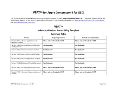 VPAT™ for Apple Compressor 4 for OS X The following Voluntary Product Accessibility information refers to the Apple Compressor 4 for OS X. For more information on the accessibility features of this product and to learn