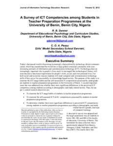 A Survey of ICT Competencies among Students in Teacher Preparation Programmes at the University of Benin, Benin City, Nigeria