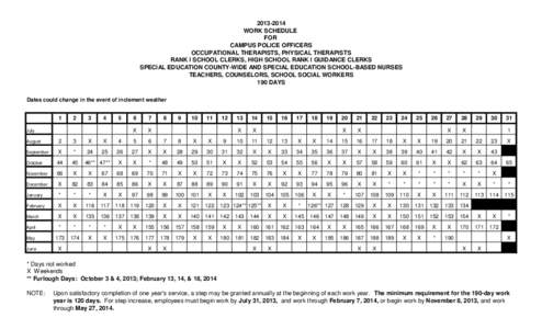 [removed]WORK SCHEDULE FOR CAMPUS POLICE OFFICERS OCCUPATIONAL THERAPISTS, PHYSICAL THERAPISTS RANK I SCHOOL CLERKS, HIGH SCHOOL RANK I GUIDANCE CLERKS