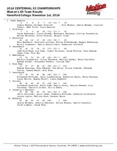 2014 CENTENNIAL XC CHAMPIONSHIPS Women’s 6K Team Results Haverford College: November 1st, Johns Hopkins 1 3