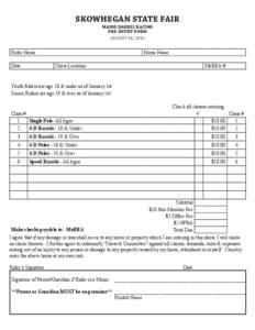 SKOWHEGAN STATE FAIR MAINE BARREL RACING PRE-ENTRY FORM AUGUST 16, 2014  Rider Name: