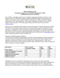 Major Findings from the Community College Survey of Student Engagement (CCSSE) Institutional Research & Assessment The CCSSE is a nationally-normed survey of students’ engagement with their coursework. In the Spring of