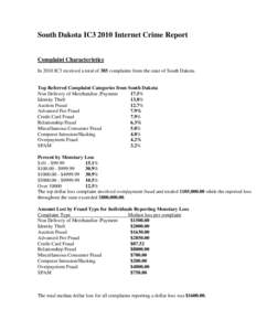 South Dakota IC3 2010 Internet Crime Report Complaint Characteristics In 2010 IC3 received a total of 385 complaints from the state of South Dakota. Top Referred Complaint Categories from South Dakota Non Delivery of Mer