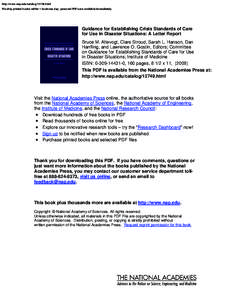 http://www.nap.edu/catalog[removed]html We ship printed books within 1 business day; personal PDFs are available immediately. Guidance for Establishing Crisis Standards of Care for Use in Disaster Situations: A Letter Repo