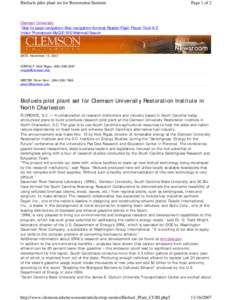 Biofuels pilot plant set for Restoration Institute  Page 1 of 2 Clemson University |Skip to page navigation|Skip navigation|Acrobat Reader|Flash Player|Text|A-Z