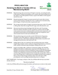 Microsoft Word - City of Wilsonville Proclamation - October as Manufacturing Month 10_06_2014.docx