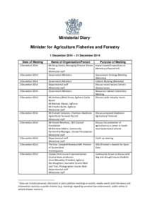 Ministerial Diary 1 Minister for Agriculture Fisheries and Forestry 1 December 2014 – 31 December 2014 Date of Meeting 1 December[removed]December 2014