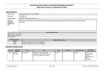 AUSTRALIAN PESTICIDES & VETERINARY MEDICINES AUTHORITY Application Summary for Application No[removed]Application Details: Product Name: