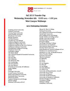 Fall 2013 Transfer Day Wednesday, November 6th 10:00 a.m.—1:00 p.m. West Campus Walkways List of Participating Universities Academy of Art University Antioch University