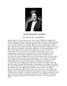 Agatha Huepenbecker Burnet November 23, [removed]August 23, 2012 Agatha Huepenbecker Burnet joined the faculty in Textiles & Clothing (now Apparel, Merchandising, and Design) at Iowa State University in 1956 where she serv