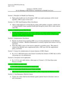 Prepared for GMCB Board Meeting May 15, 2014 Summary of H.596 of 2014: An Act Relating to Miscellaneous Amendments to Health Care Laws