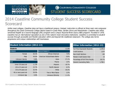 2014 Coastline Community College Student Success Scorecard Unlike most colleges, Coastline does not have a traditional campus. Instead, instruction is offered at three main mini-campuses throughout the Coast Community Co