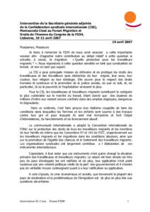 Intervention de la Secrétaire générale adjointe de la Confédération syndicale internationale (CSI), Mamounata Cissé au Forum Migration et Droits de l’Homme du Congrès de la FIDH, Lisbonne, 19-21 avrilav