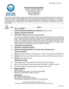 Date Posted: NORTH MARIN WATER DISTRICT AGENDA - REGULAR MEETING January 19, 2016 – 7:00 p.m. District Headquarters