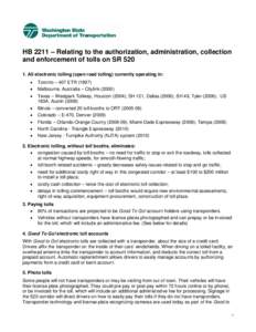 HB 2211 – Relating to the authorization, administration, collection and enforcement of toll on SR 520