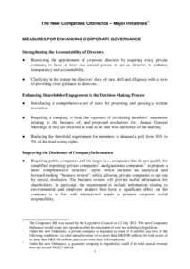 The New Companies Ordinance – Major Initiatives 1  MEASURES FOR ENHANCING CORPORATE GOVERNANCE Strengthening the Accountability of Directors 