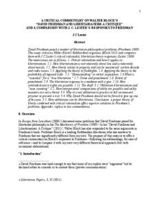 1  A CRITICAL COMMENTARY ON WALTER BLOCK’S “DAVID FRIEDMAN AND LIBERTARIANISM: A CRITIQUE” AND A COMPARISON WITH J. C. LESTER’S RESPONSES TO FRIEDMAN J C Lester