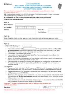 CHY4 Cert  Annual Certificate SECTION 848A TAXES CONSOLIDATION ACT (TCA[removed]TAX RELIEF FOR DONATIONS TO ELIGIBLE CHARITIES AND