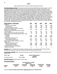 92  LEAD (Data in thousand metric tons of lead content unless otherwise noted) Domestic Production and Use: The value of recoverable mined lead in 2006, based on the average U.S. producer price, was $702 million. Six lea