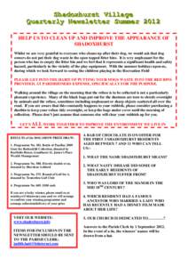 Shadoxhurst Village Quarterly Newsletter Summer 2012 HELP US TO CLEAN UP AND IMPROVE THE APPEARANCE OF