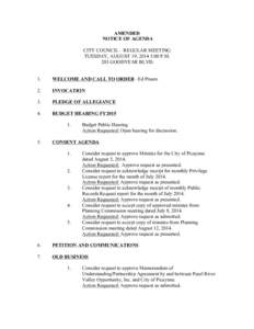 AMENDED NOTICE OF AGENDA CITY COUNCIL – REGULAR MEETING TUESDAY, AUGUST 19, 2014 5:00 P.M. 203 GOODYEAR BLVD. 1.